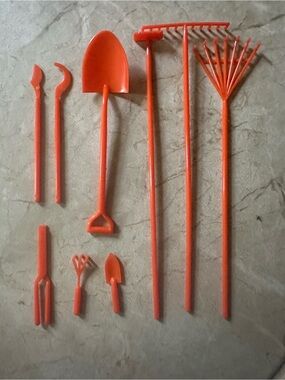 1970’s Barbie Gardening Tools complete set mint condition rake shovel trowel